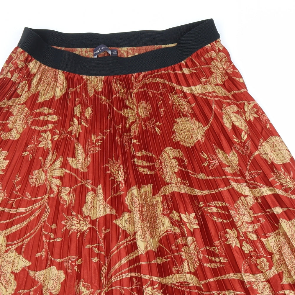 Marks and Spencer Womens Red Floral Polyester Pleated Skirt Size 14 Hook & Loop
