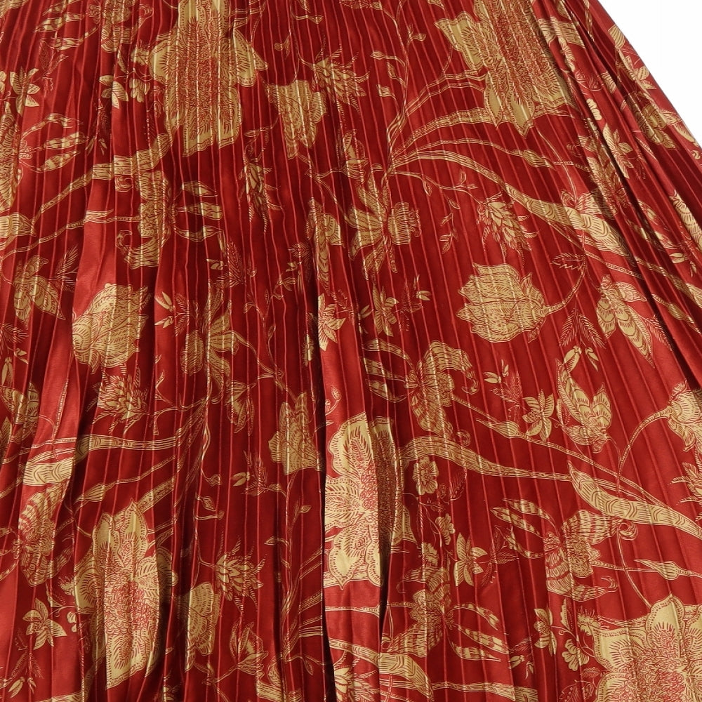 Marks and Spencer Womens Red Floral Polyester Pleated Skirt Size 14 Hook & Loop