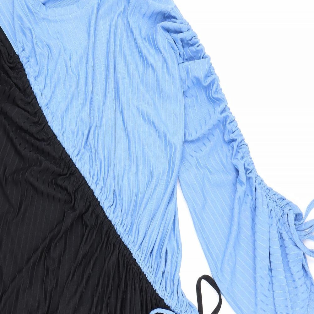 Zara Womens Blue Colourblock Polyester A-Line Size M Round Neck Drawstring - Tie Sleeve Detail