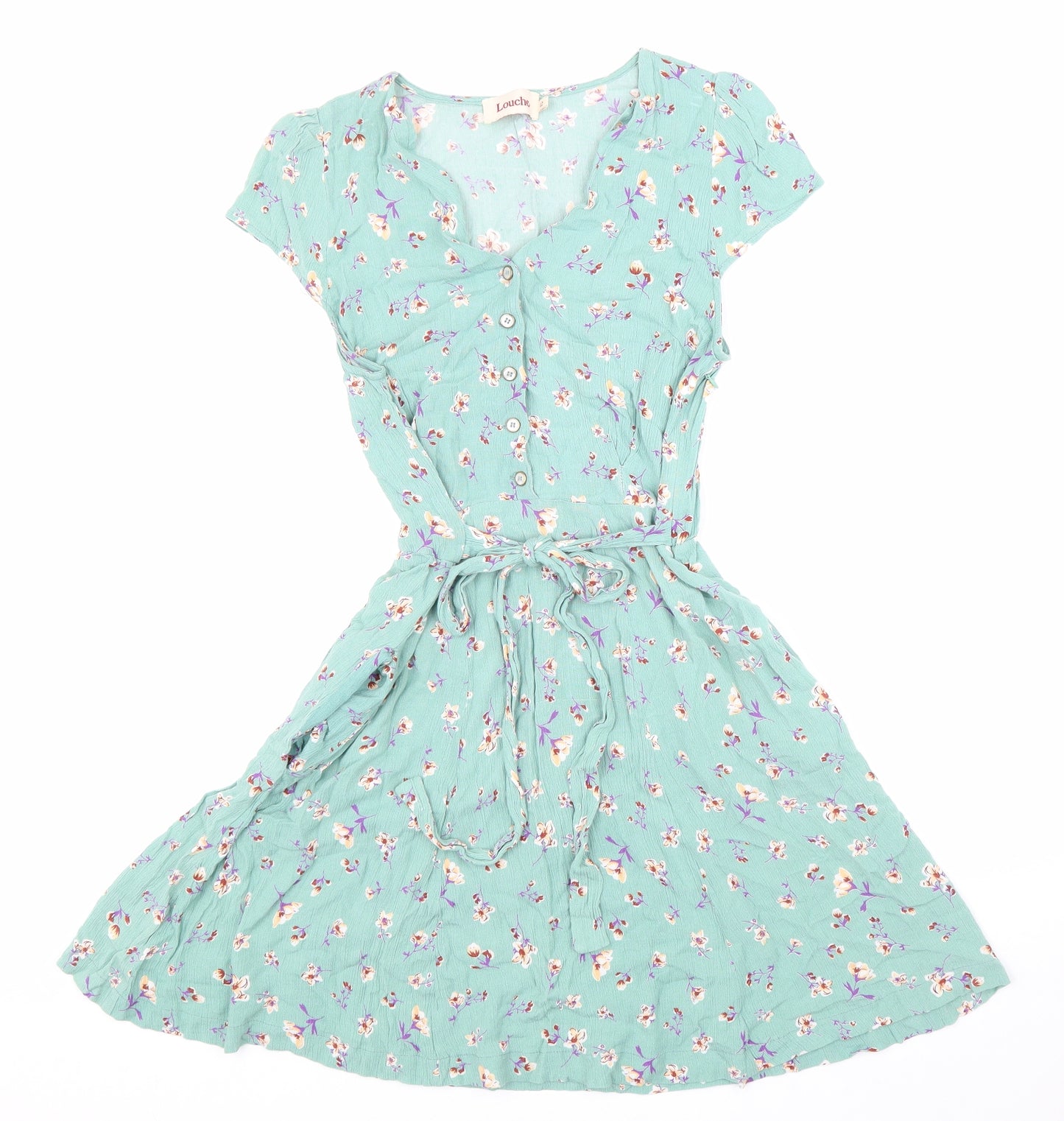 Louche Womens Green Floral Viscose Skater Dress Size 12 V-Neck Zip
