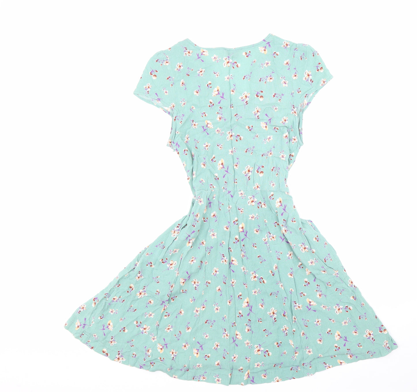 Louche Womens Green Floral Viscose Skater Dress Size 12 V-Neck Zip