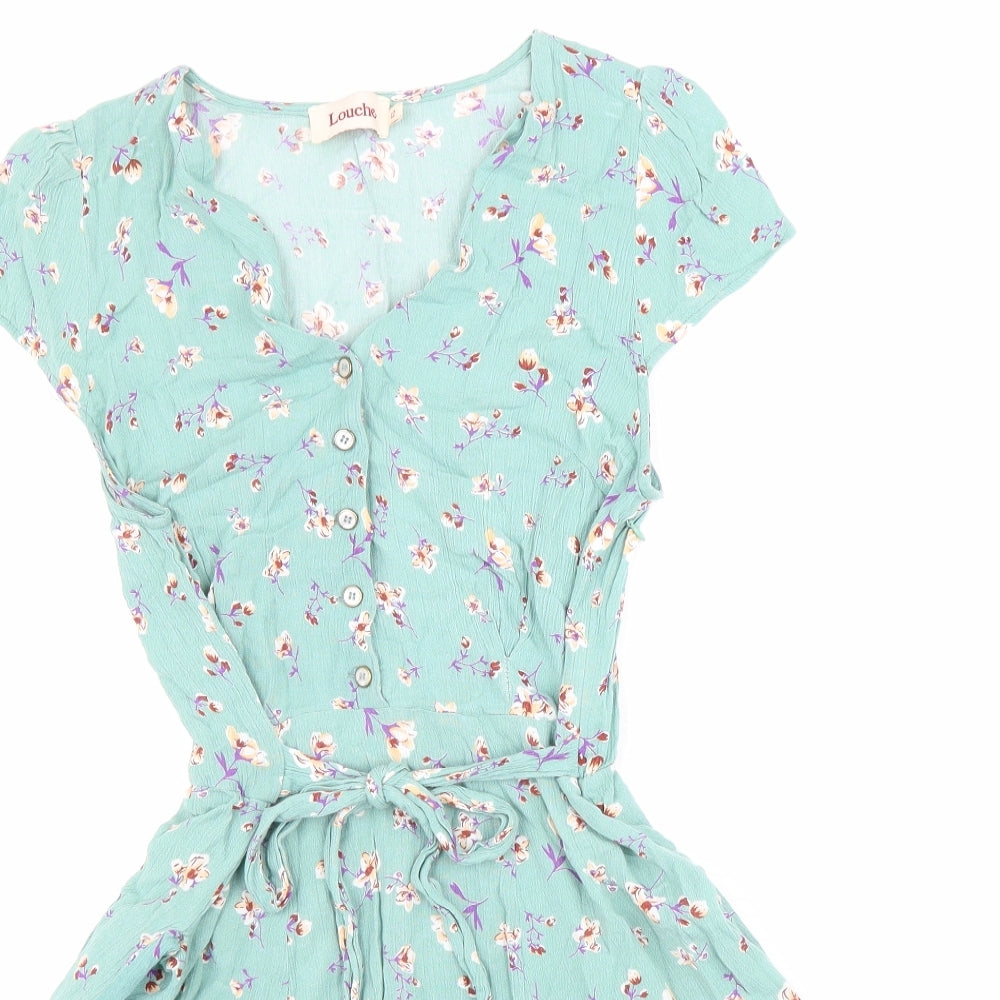 Louche Womens Green Floral Viscose Skater Dress Size 12 V-Neck Zip