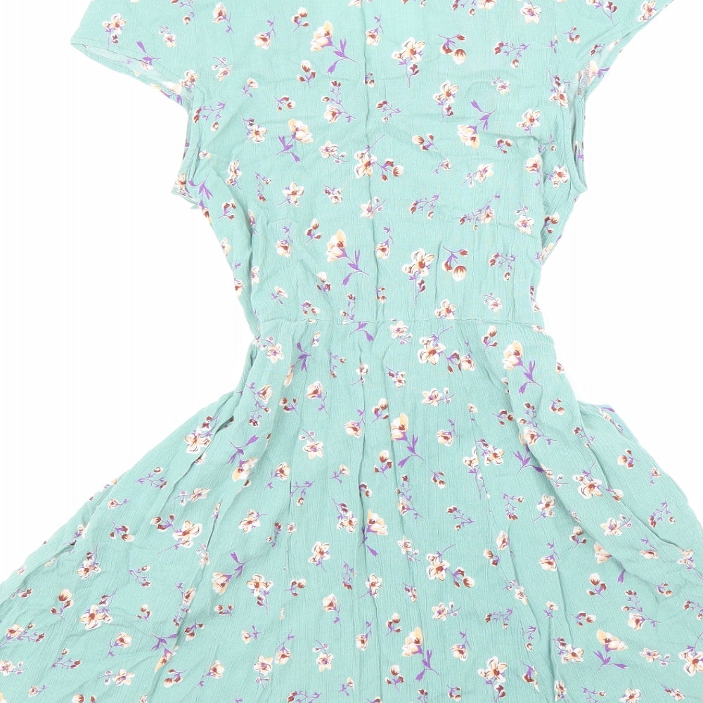 Louche Womens Green Floral Viscose Skater Dress Size 12 V-Neck Zip