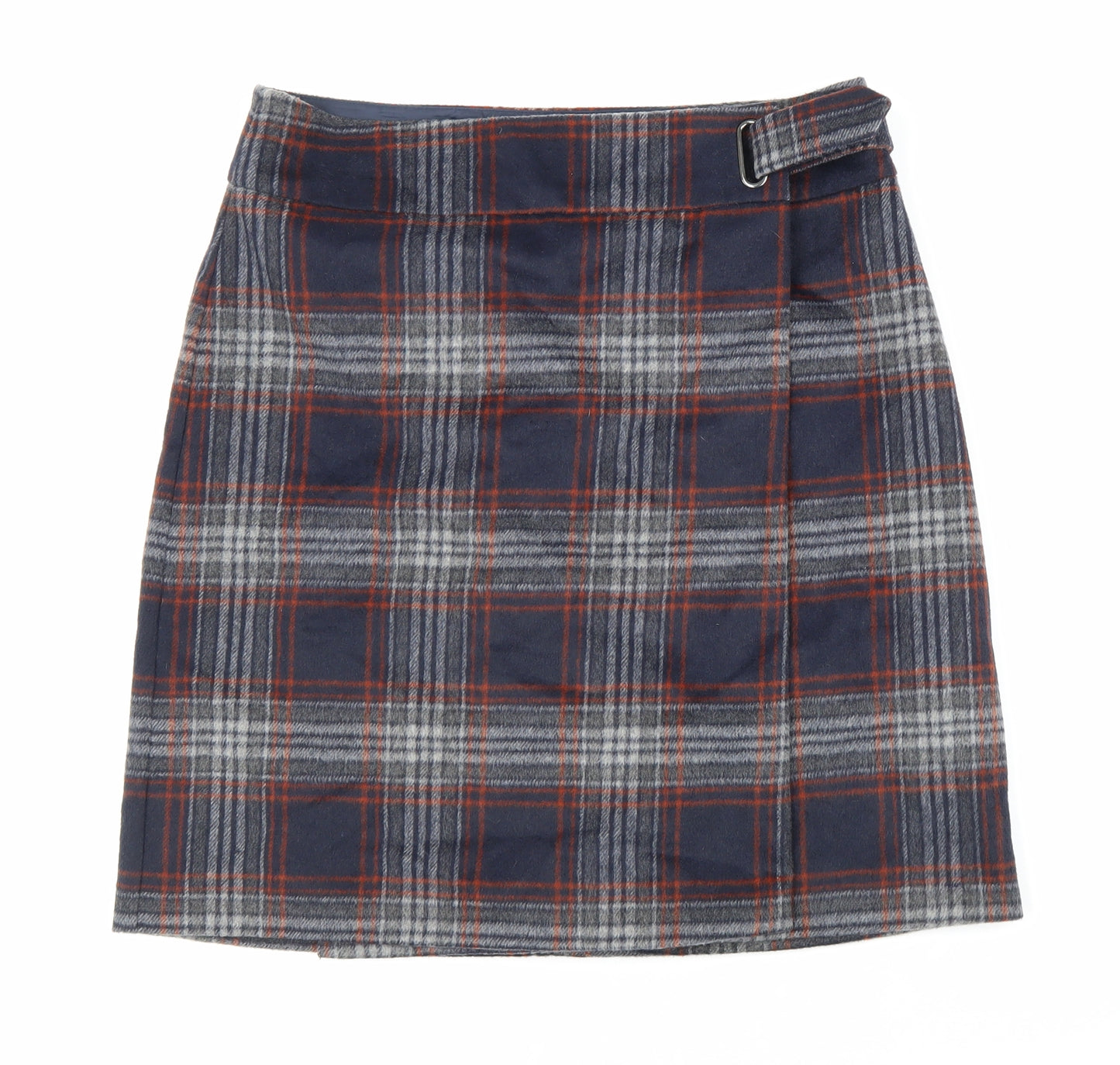 Marks and Spencer Womens Blue Plaid Polyester Wrap Skirt Size 12 Buckle