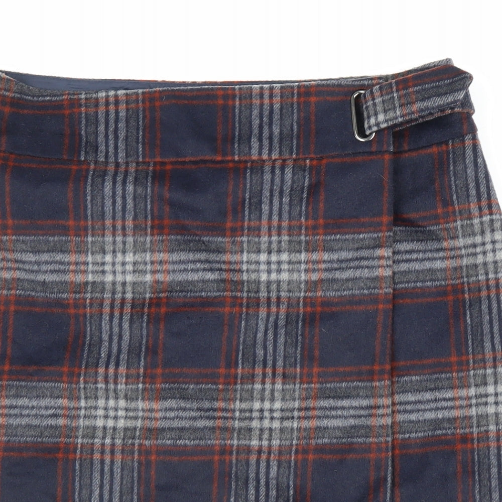 Marks and Spencer Womens Blue Plaid Polyester Wrap Skirt Size 12 Buckle