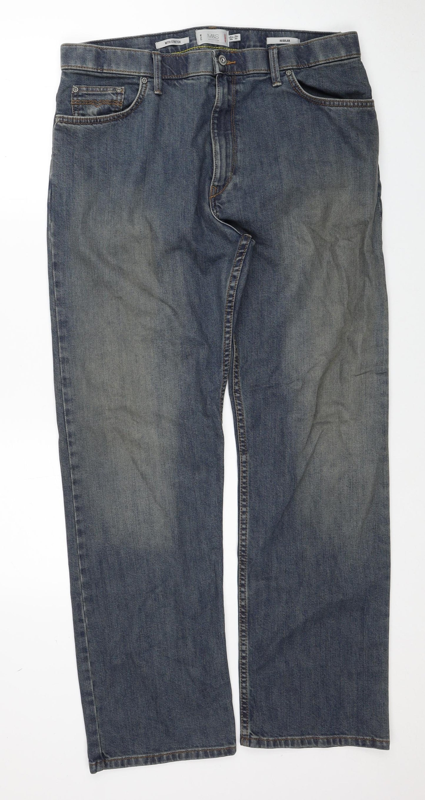 Marks and Spencer Mens Blue Cotton Bootcut Jeans Size 36 in L31 in Regular Zip
