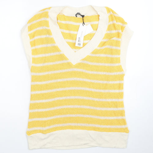 Zara Womens Yellow V-Neck Striped Polyester Vest Jumper Size S