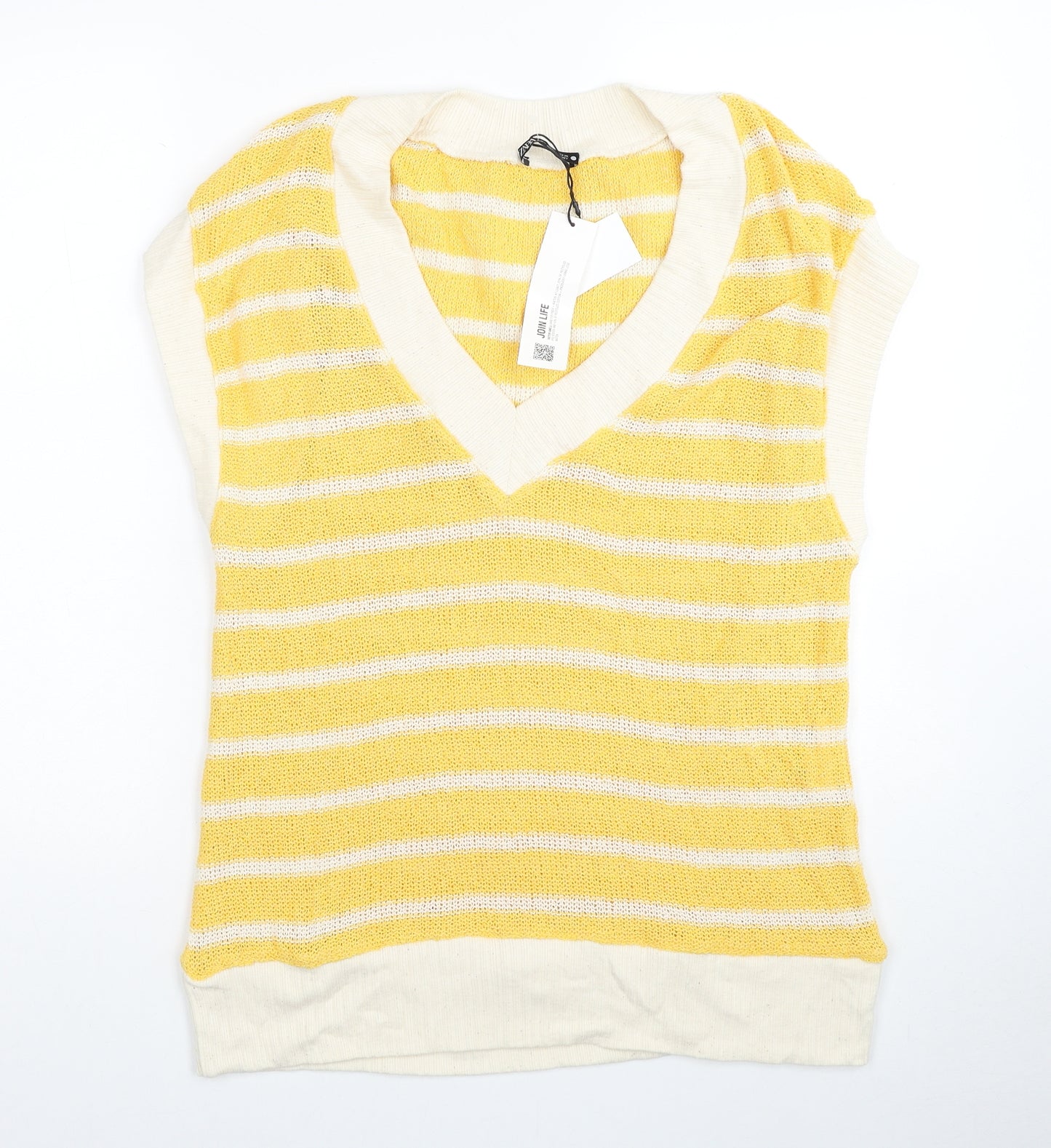 Zara Womens Yellow V-Neck Striped Polyester Vest Jumper Size S