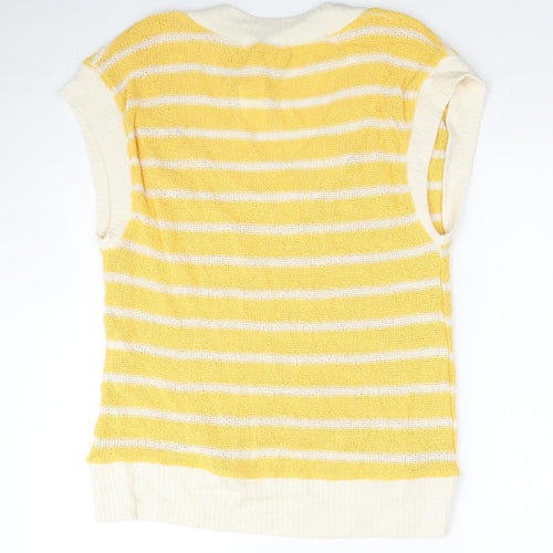 Zara Womens Yellow V-Neck Striped Polyester Vest Jumper Size S