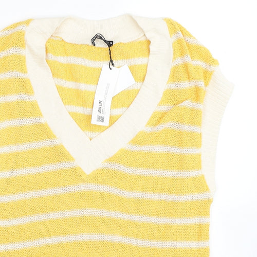 Zara Womens Yellow V-Neck Striped Polyester Vest Jumper Size S