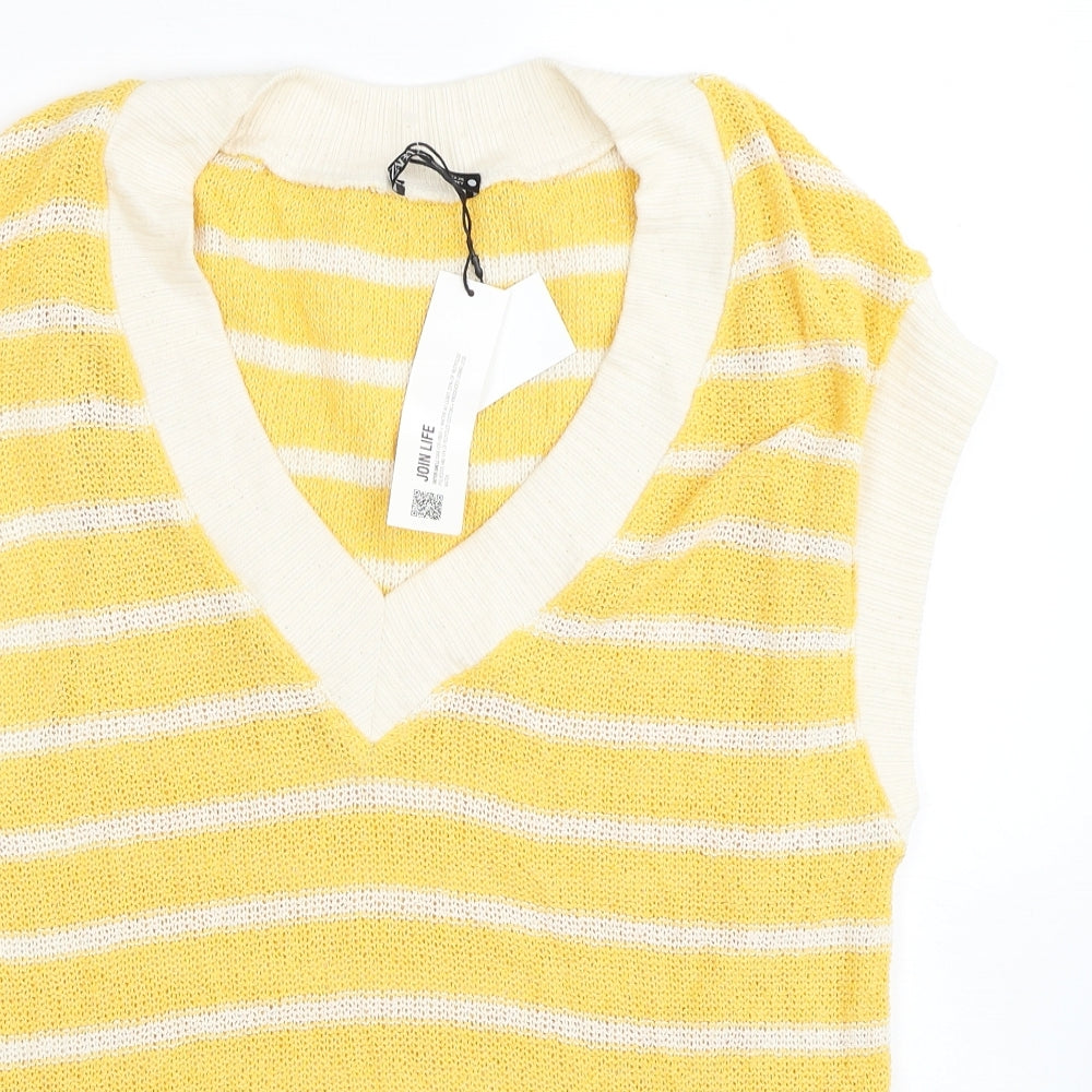Zara Womens Yellow V-Neck Striped Polyester Vest Jumper Size S