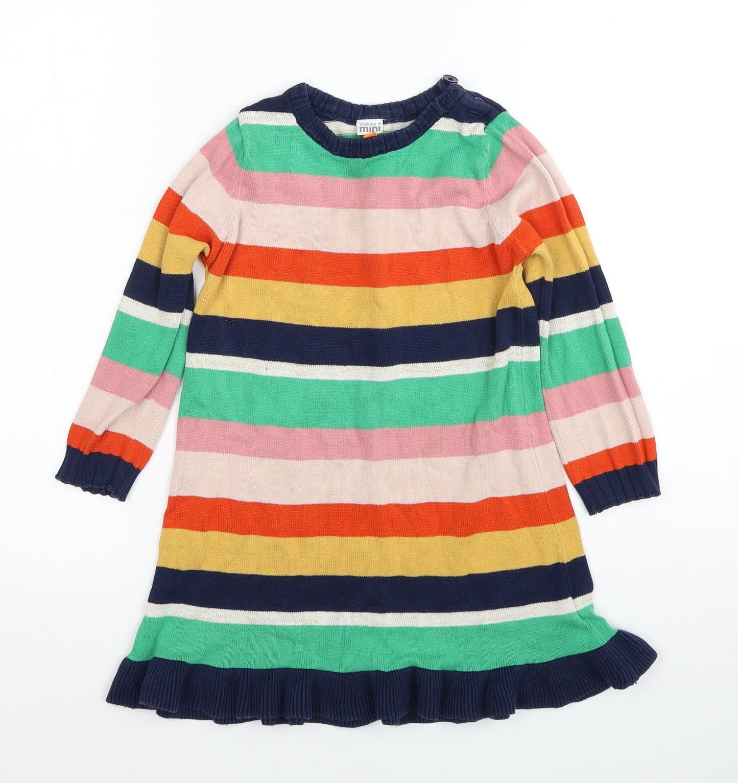 Waitrose Mini Girls Multicoloured Striped Cotton Jumper Dress Size 3 Years Round Neck Button