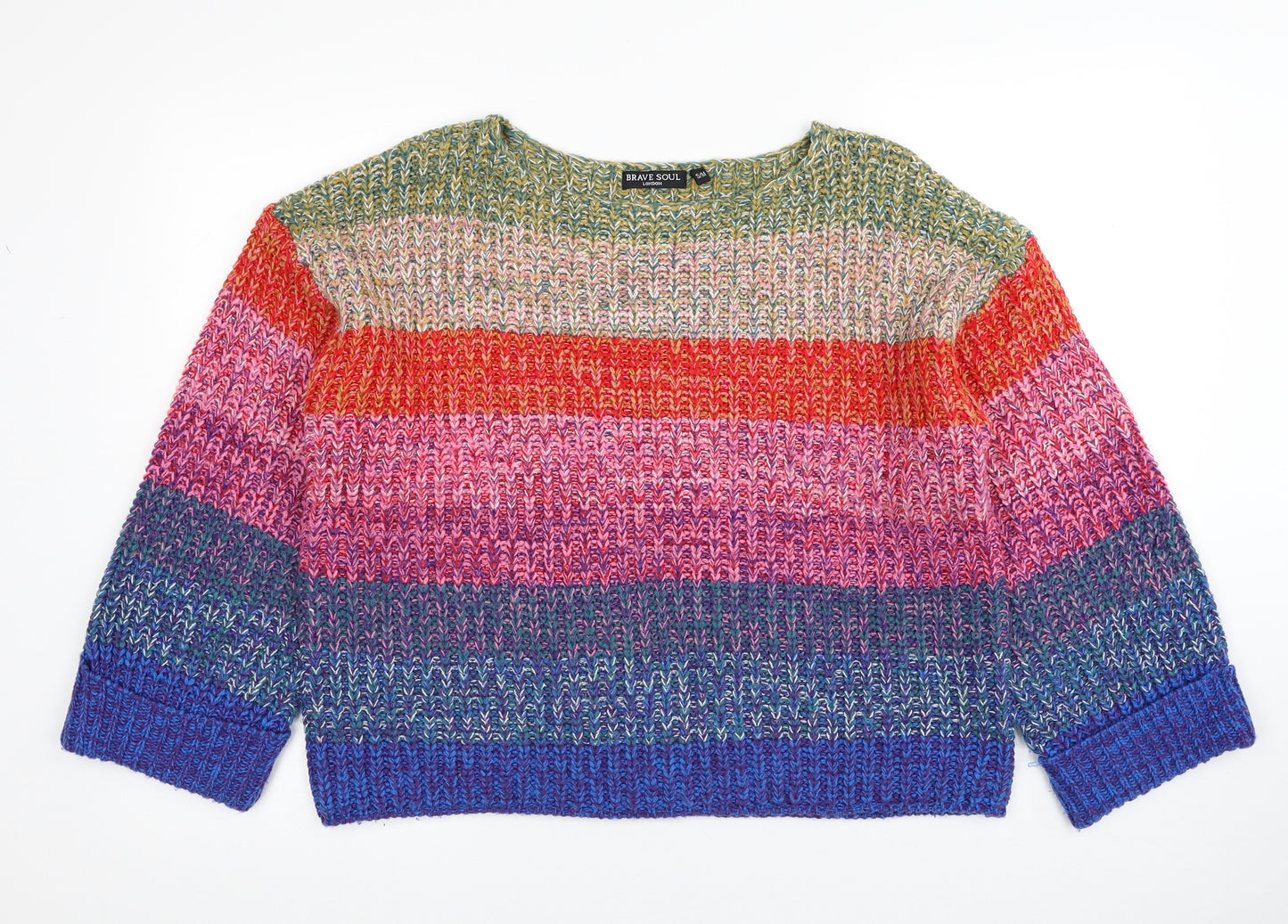 Brave Soul Womens Multicoloured Boat Neck Striped Acrylic Pullover Jumper Size S - Rainbow Cropped Size S/M