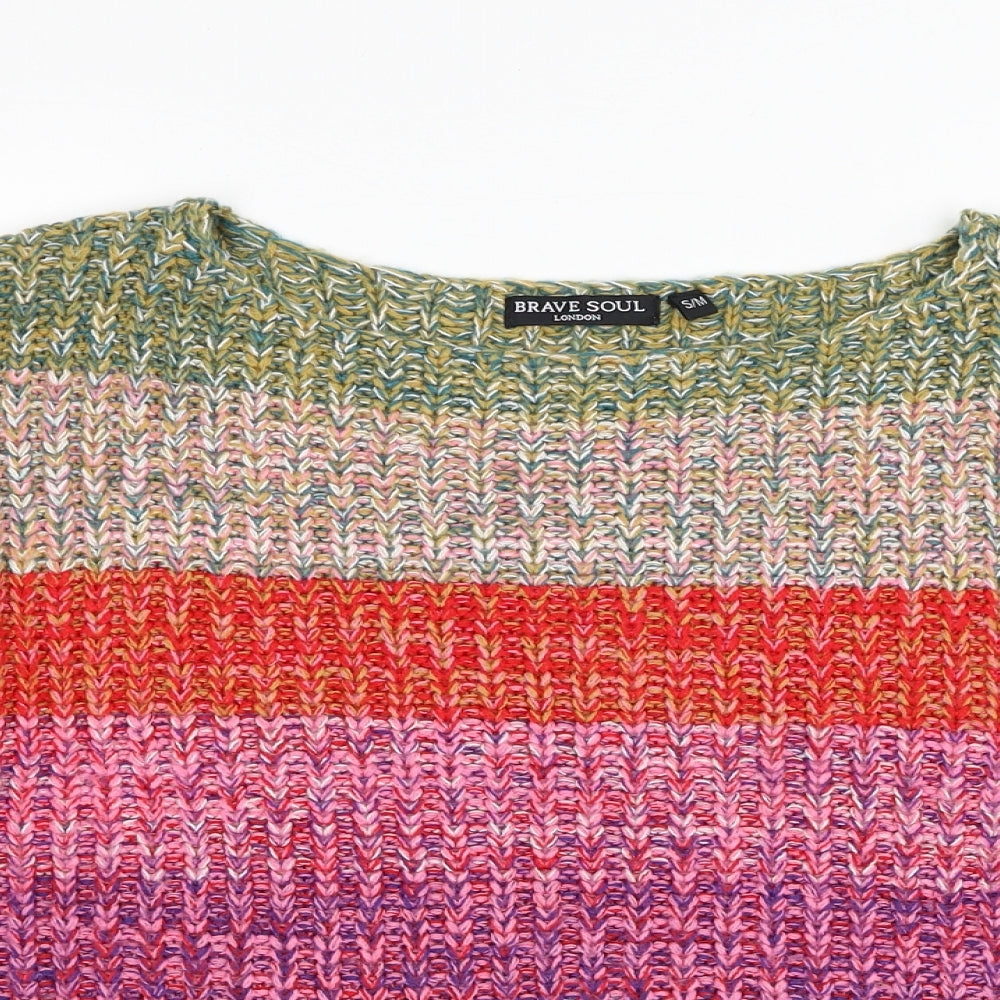 Brave Soul Womens Multicoloured Boat Neck Striped Acrylic Pullover Jumper Size S - Rainbow Cropped Size S/M
