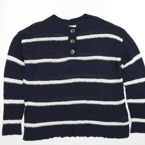 Papaya Womens Blue Round Neck Striped Acrylic Henley Jumper Size L