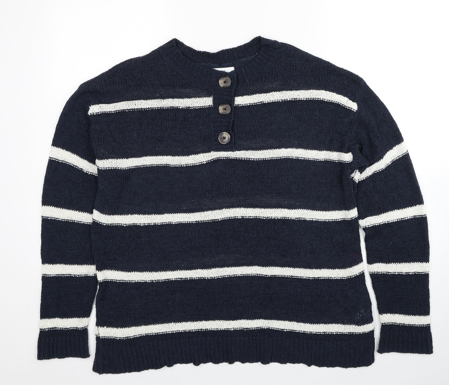 Papaya Womens Blue Round Neck Striped Acrylic Henley Jumper Size L