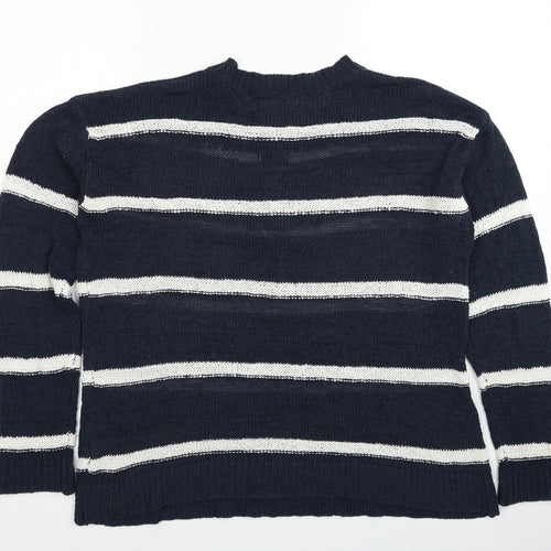 Papaya Womens Blue Round Neck Striped Acrylic Henley Jumper Size L
