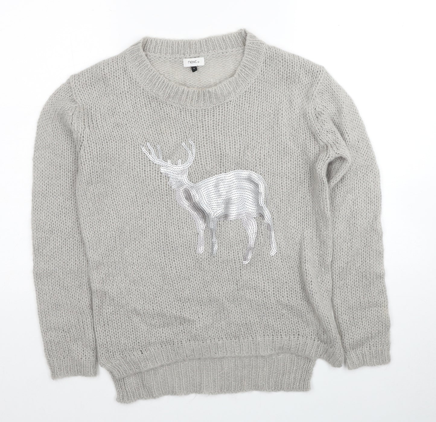 NEXT Womens Grey Round Neck Acrylic Pullover Jumper Size 8 - Reindeer Pattern