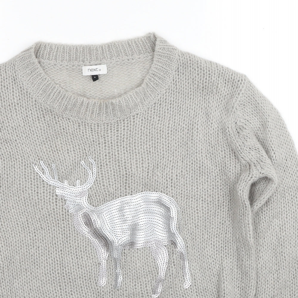 NEXT Womens Grey Round Neck Acrylic Pullover Jumper Size 8 - Reindeer Pattern