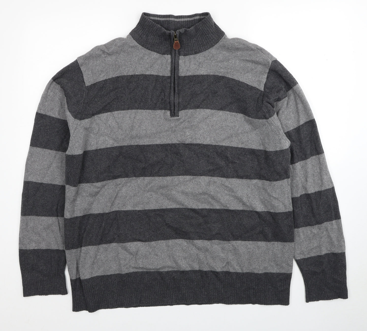 George Mens Grey High Neck Striped Cotton Pullover Jumper Size 2XL Long Sleeve