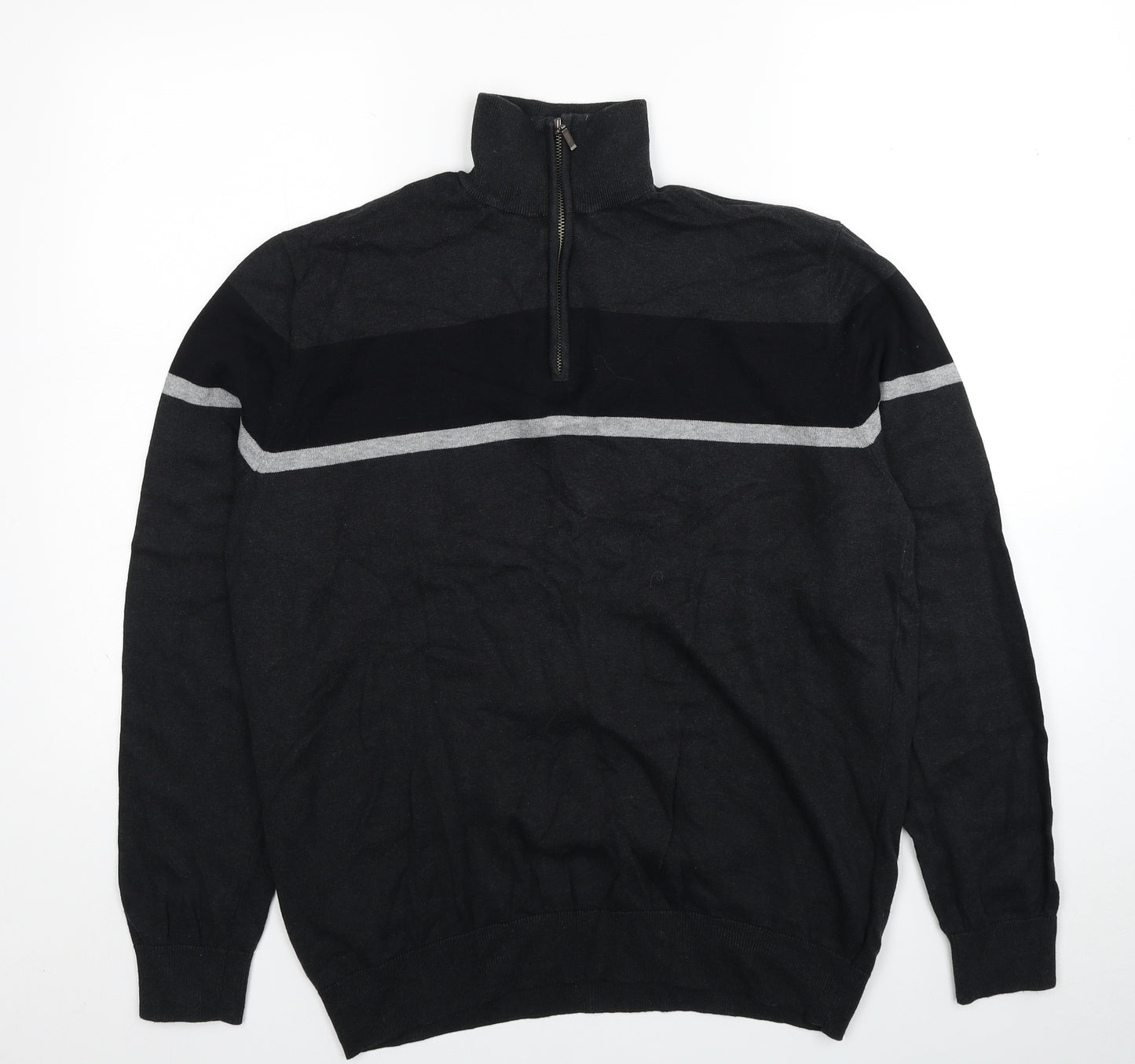 TU Mens Black High Neck Cotton Pullover Jumper Size L Long Sleeve