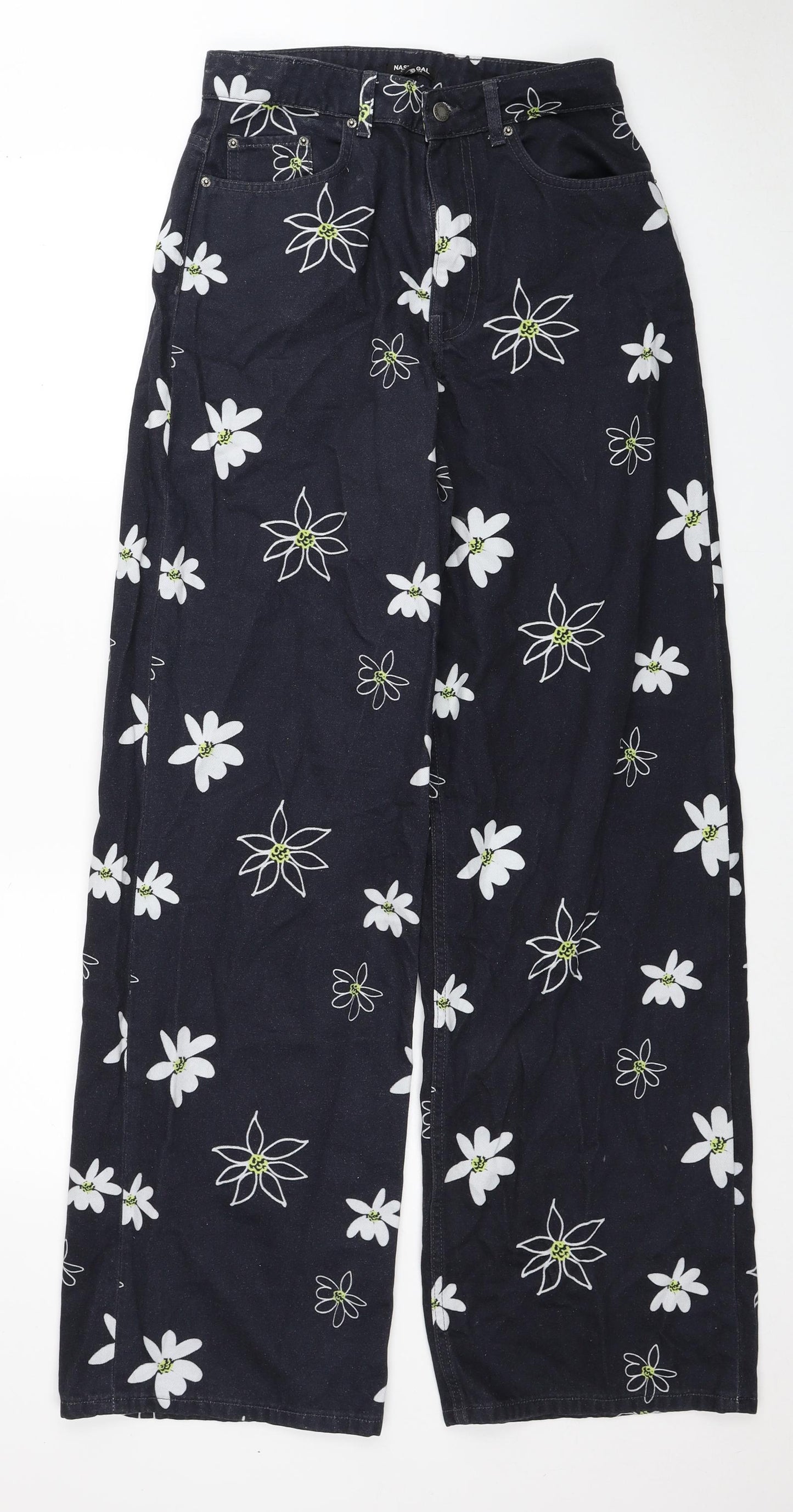 Nasty Gal Womens Black Floral Cotton Wide-Leg Jeans Size 10 Regular Zip