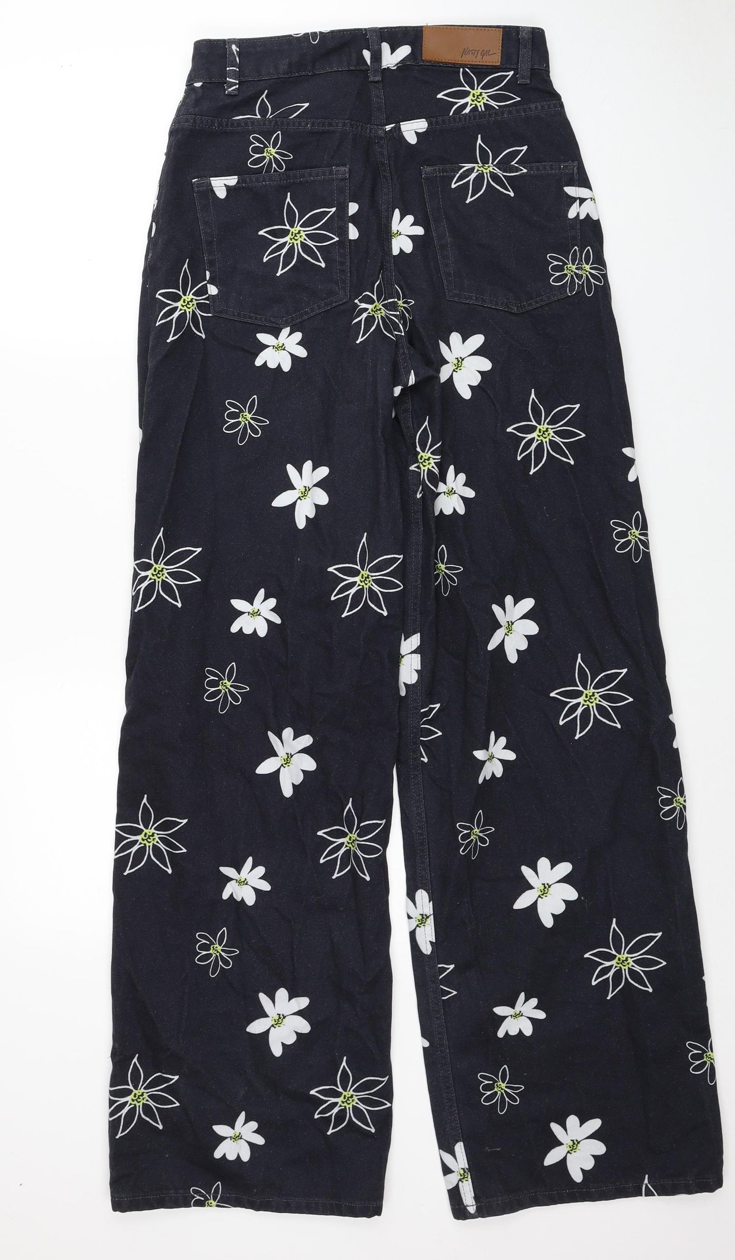Nasty Gal Womens Black Floral Cotton Wide-Leg Jeans Size 10 Regular Zip