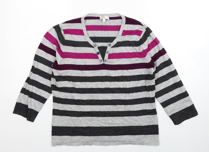 Country Casuals Womens Grey V-Neck Striped Viscose Pullover Jumper Size M