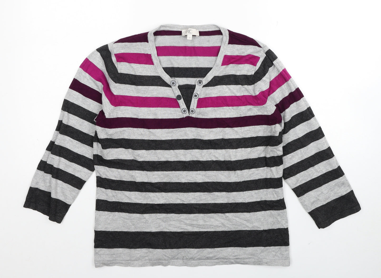 Country Casuals Womens Grey V-Neck Striped Viscose Pullover Jumper Size M