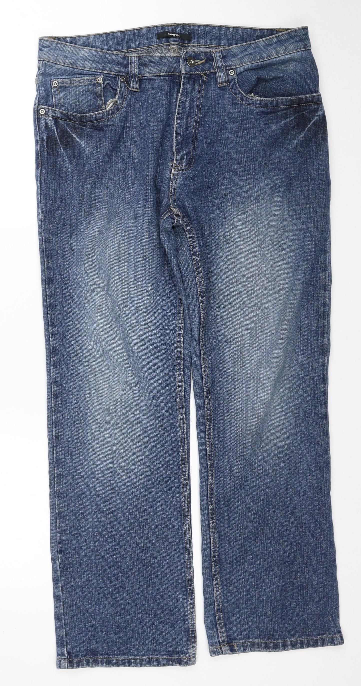 George Mens Blue Cotton Straight Jeans Size 32 in L29 in Regular Zip