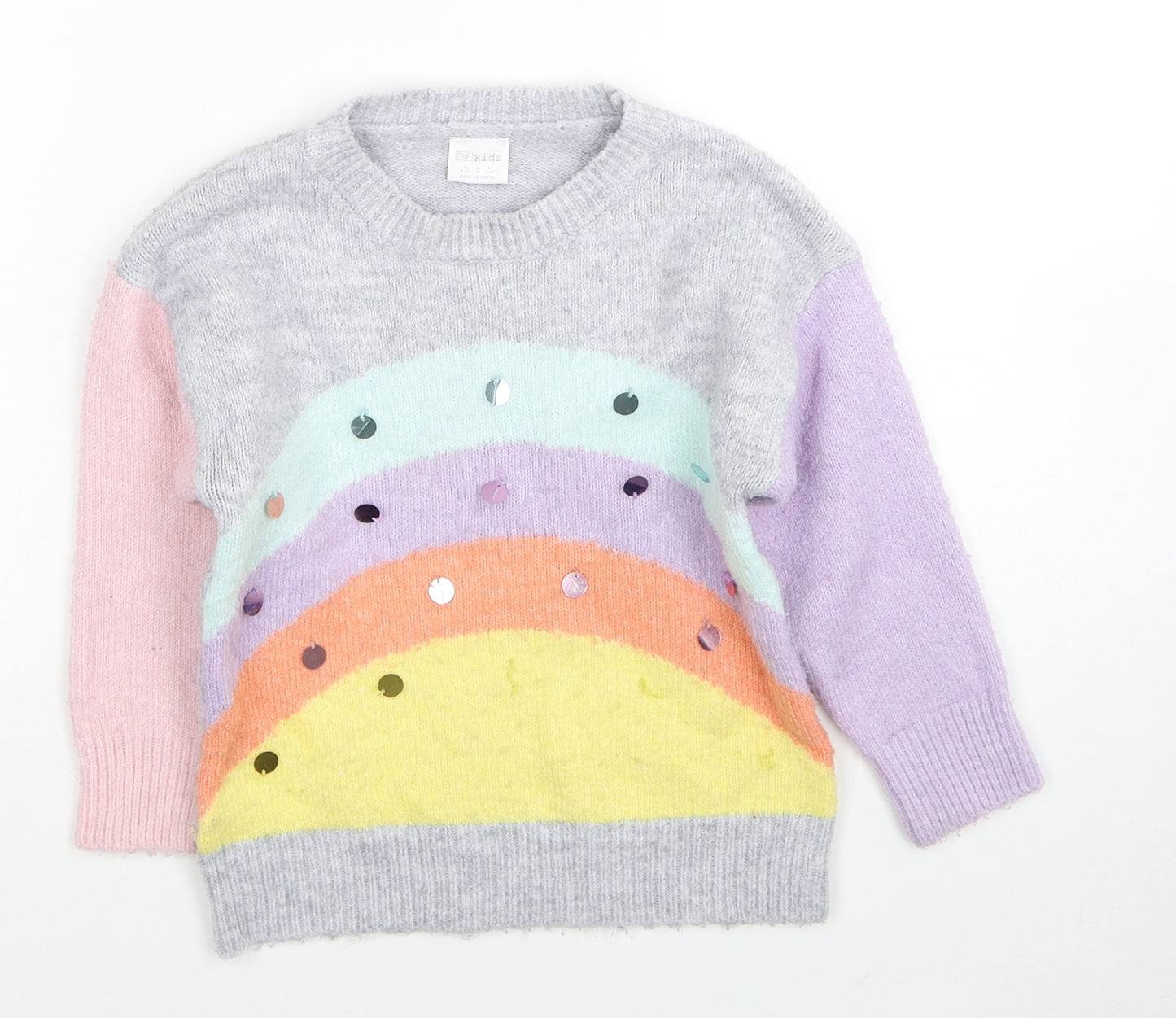 F&F Girls Multicoloured Round Neck Acrylic Pullover Jumper Size 4-5 Years Pullover - Rainbow
