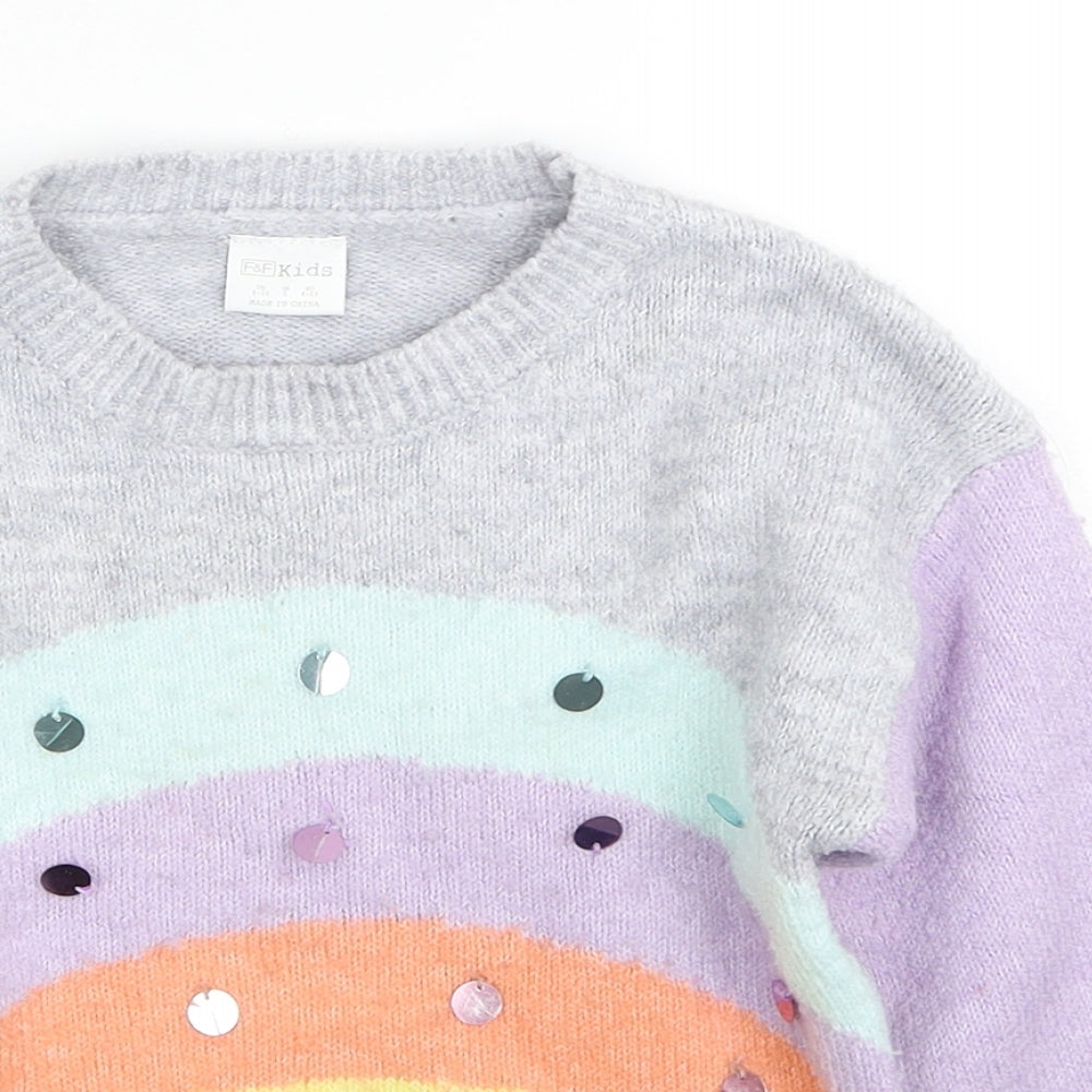 F&F Girls Multicoloured Round Neck Acrylic Pullover Jumper Size 4-5 Years Pullover - Rainbow