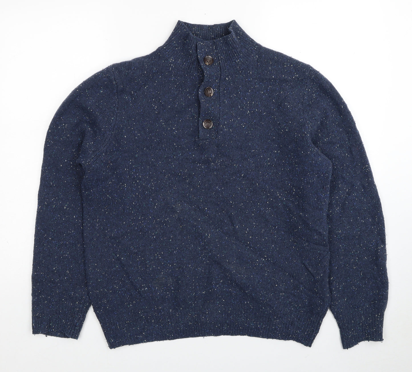 Joseph Turner Mens Blue High Neck Wool Henley Jumper Size M Long Sleeve