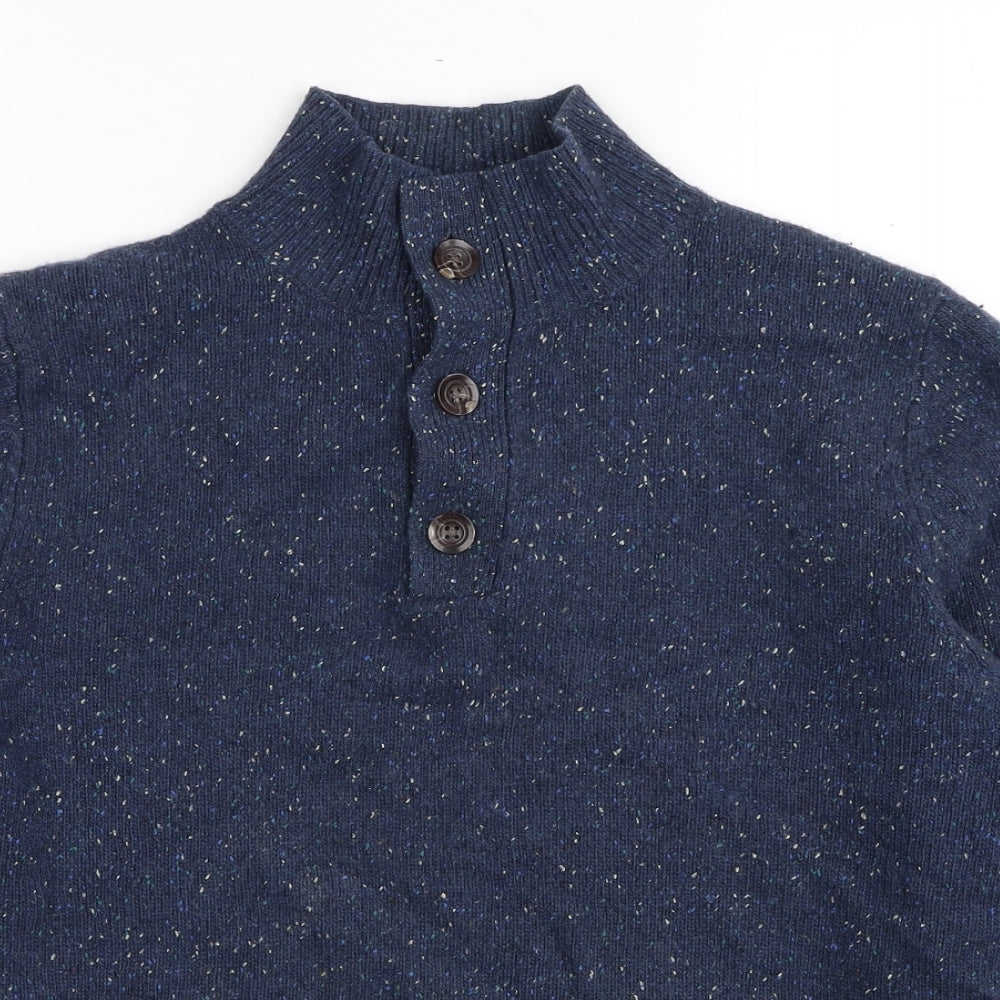 Joseph Turner Mens Blue High Neck Wool Henley Jumper Size M Long Sleeve