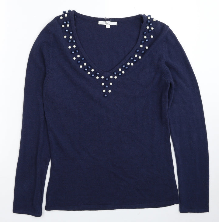 Klass Womens Blue V-Neck Acrylic Pullover Jumper Size S