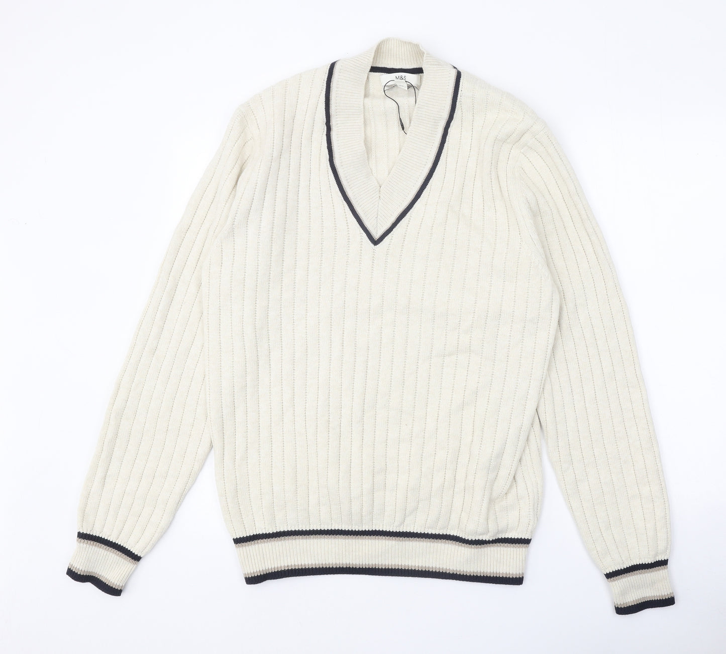 Marks and Spencer Mens Beige V-Neck Polyester Pullover Jumper Size M Long Sleeve