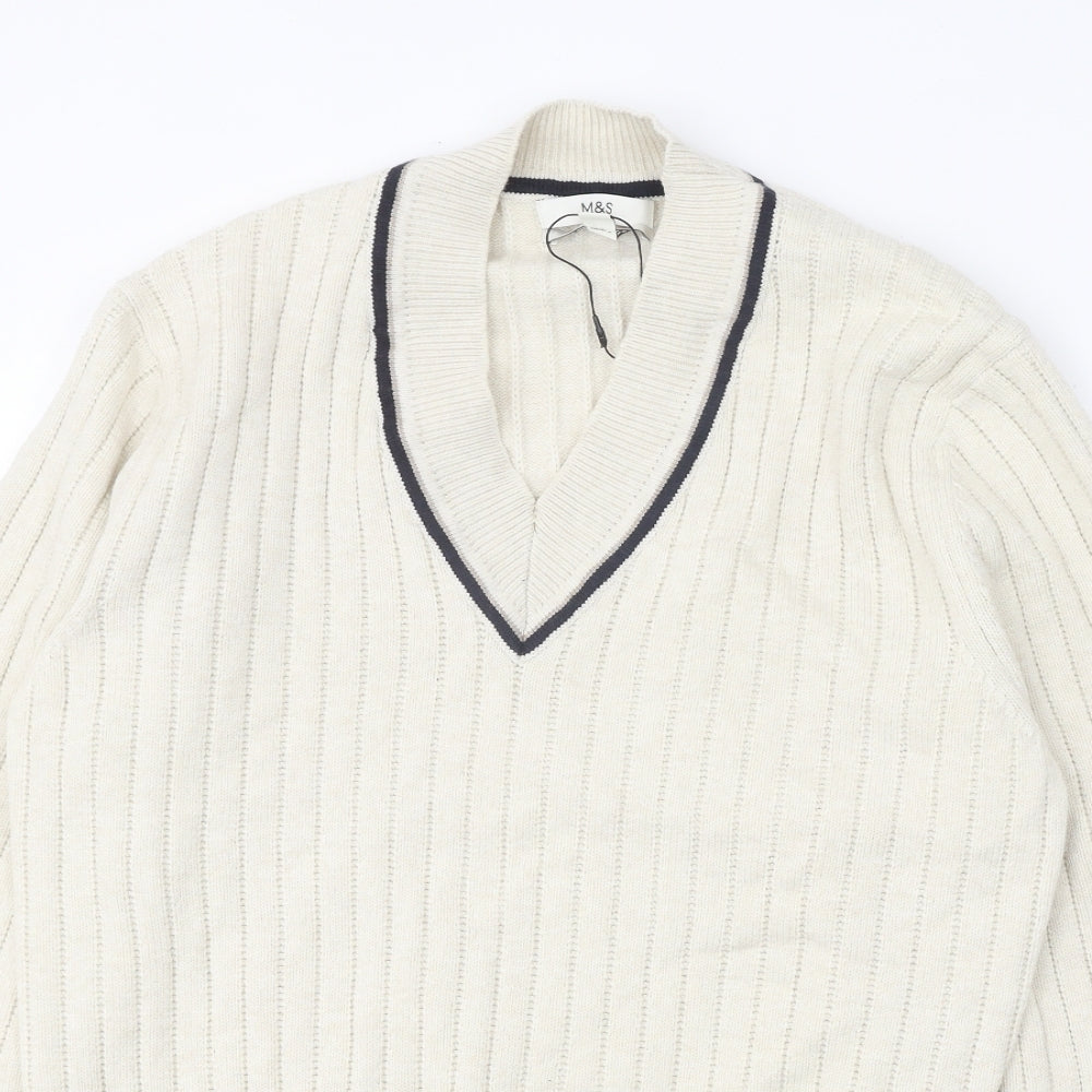 Marks and Spencer Mens Beige V-Neck Polyester Pullover Jumper Size M Long Sleeve