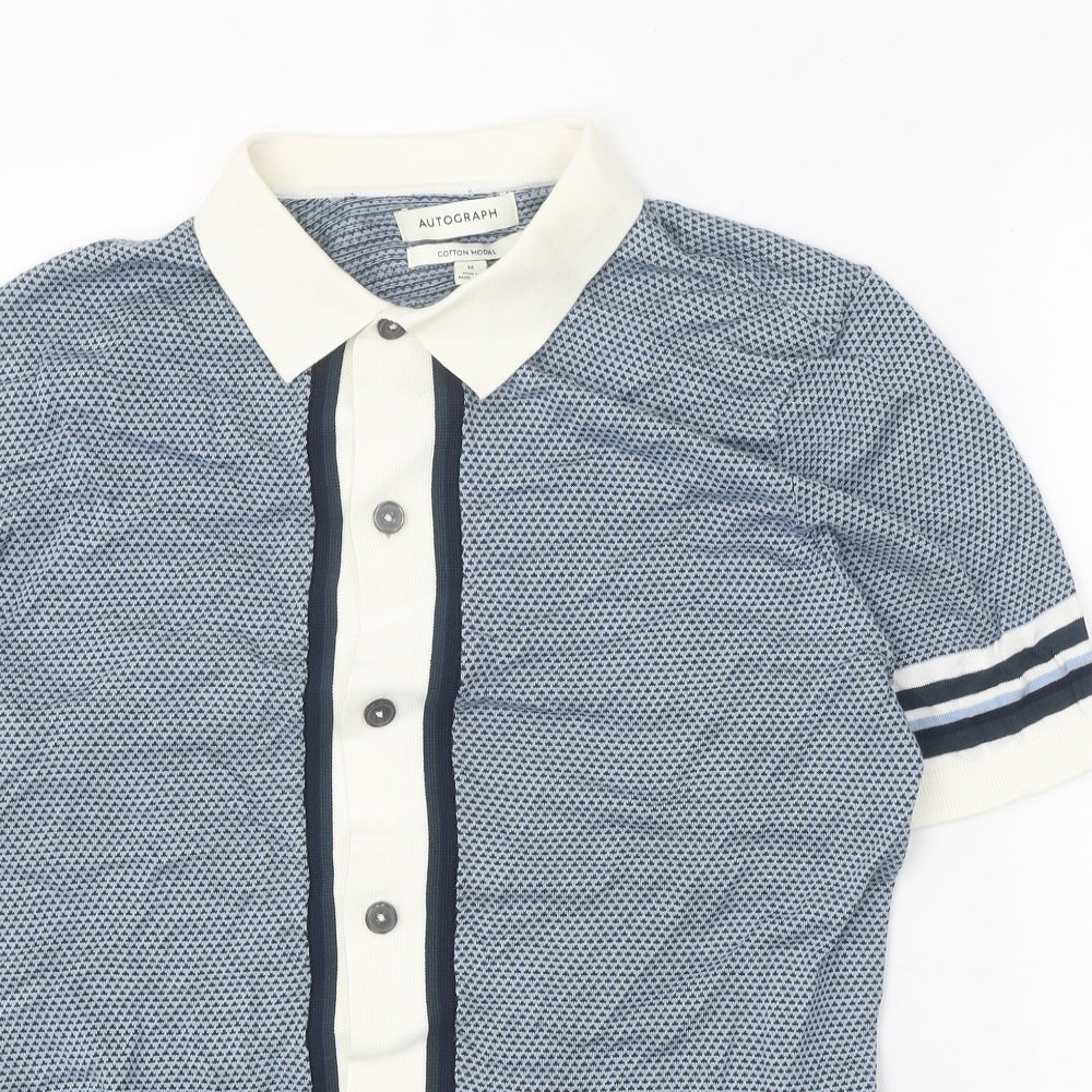 Autograph Mens Blue Collared Cotton Pullover Jumper Size M Short Sleeve - Contrasting Trim