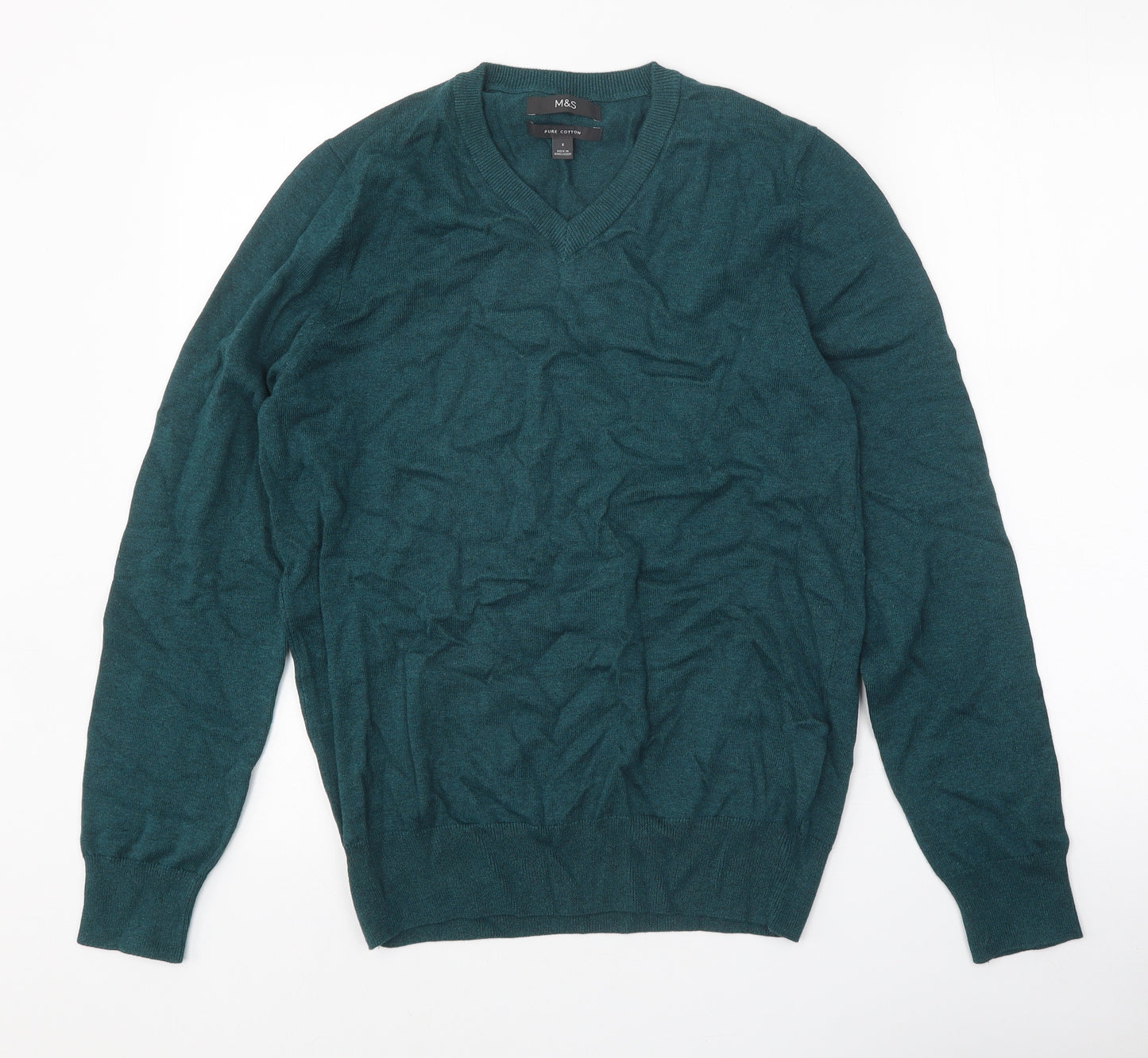 Marks and Spencer Mens Green V-Neck Cotton Pullover Jumper Size S Long Sleeve
