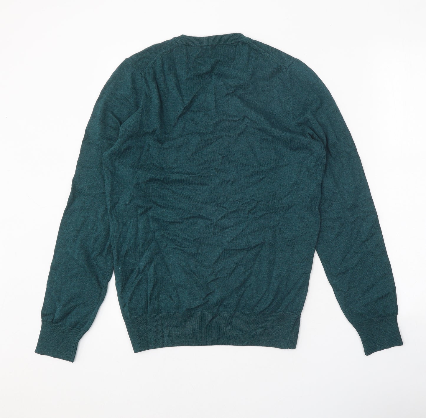 Marks and Spencer Mens Green V-Neck Cotton Pullover Jumper Size S Long Sleeve