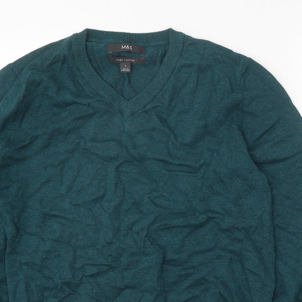 Marks and Spencer Mens Green V-Neck Cotton Pullover Jumper Size S Long Sleeve