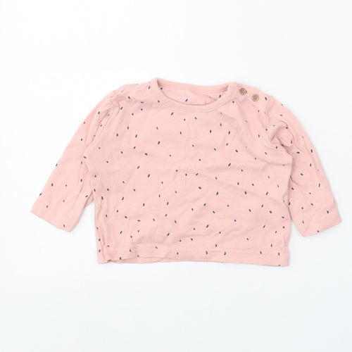 Marks and Spencer Girls Pink Geometric 100% Cotton Basic T-Shirt Size 3-6 Months Round Neck Button