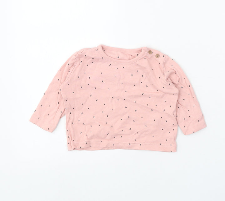 Marks and Spencer Girls Pink Geometric 100% Cotton Basic T-Shirt Size 3-6 Months Round Neck Button
