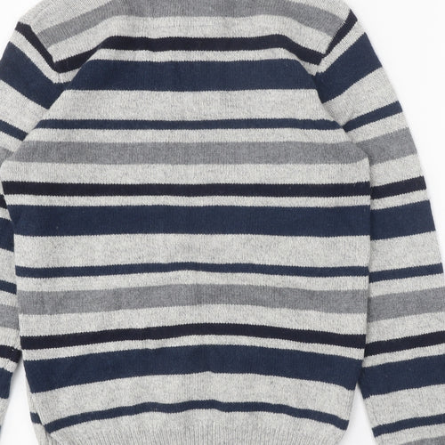 Armand Thiery Mens Blue High Neck Striped Viscose Henley Jumper Size M Long Sleeve - Snap Closure