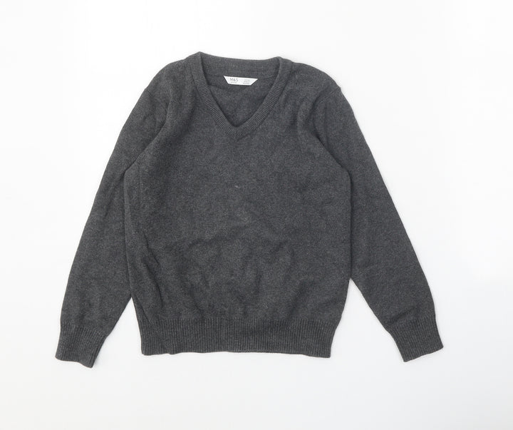 Marks and Spencer Girls Grey V-Neck Cotton Pullover Jumper Size 5-6 Years Pullover
