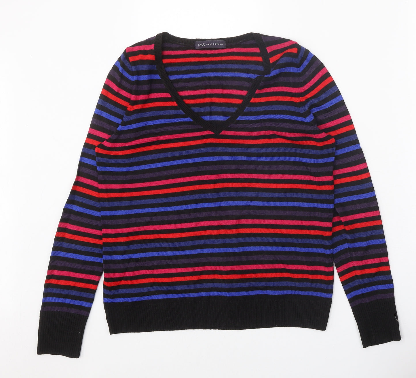 Marks and Spencer Womens Multicoloured V-Neck Striped Acrylic Pullover Jumper Size 14