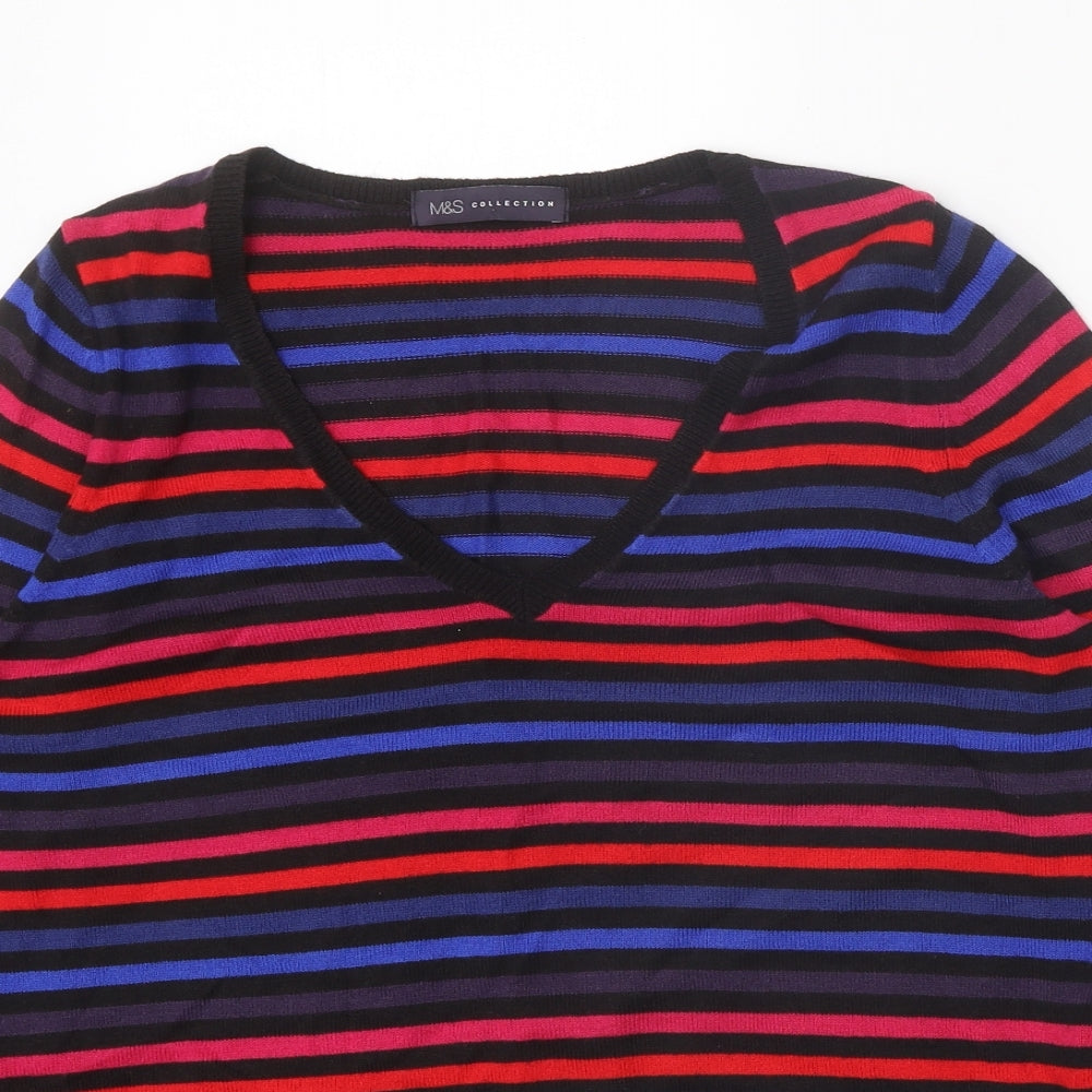 Marks and Spencer Womens Multicoloured V-Neck Striped Acrylic Pullover Jumper Size 14