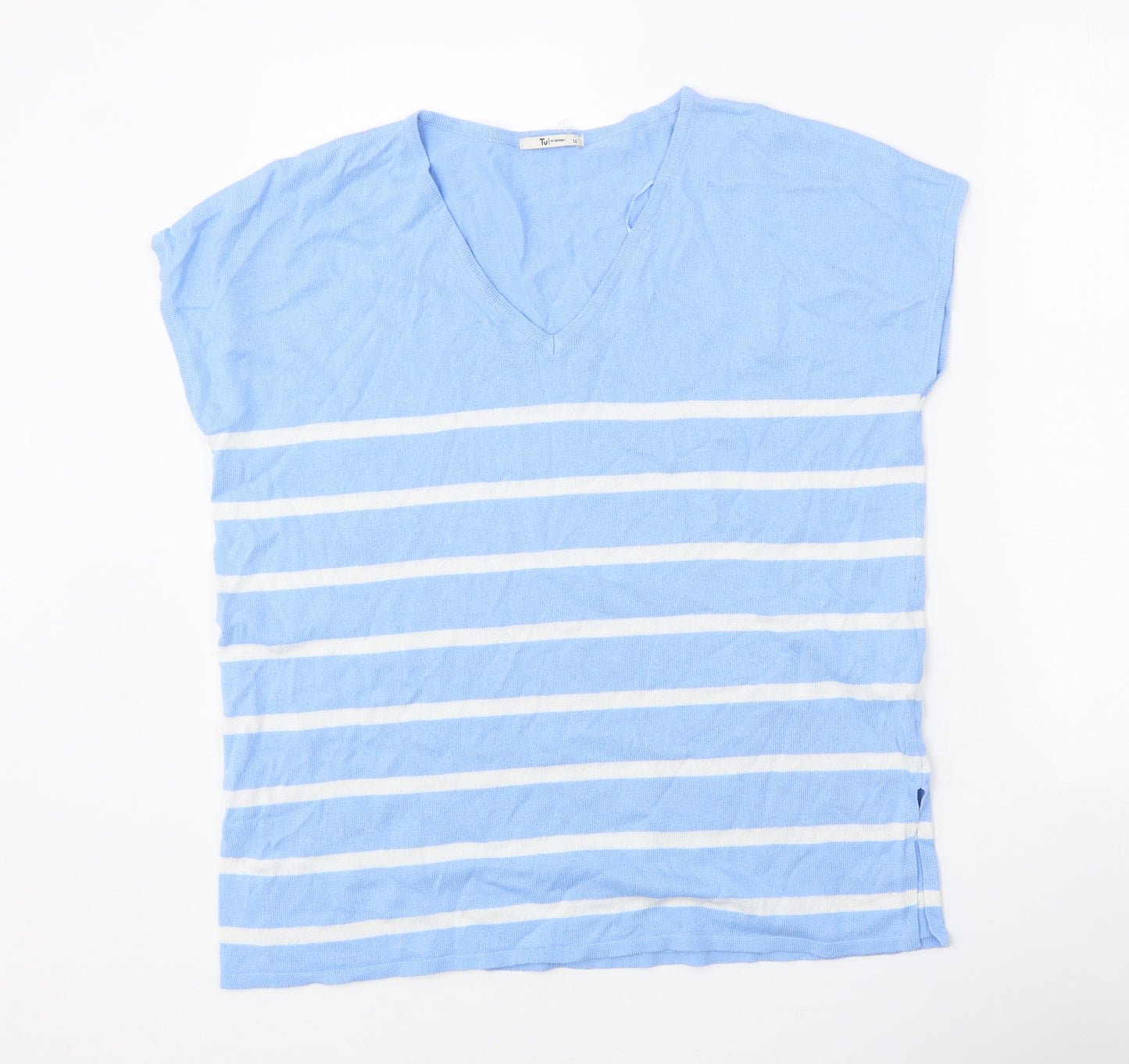 TU Womens Blue V-Neck Striped Viscose Pullover Jumper Size 12