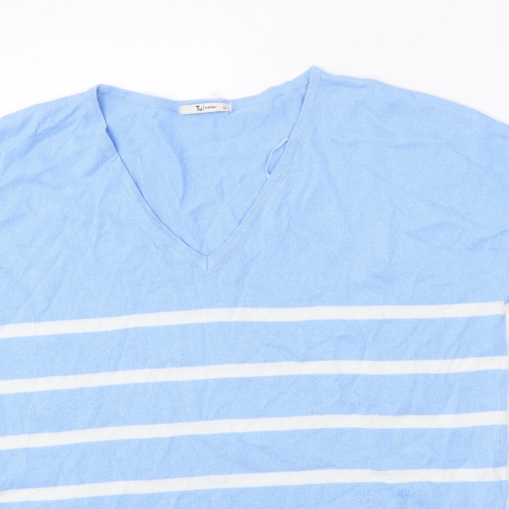 TU Womens Blue V-Neck Striped Viscose Pullover Jumper Size 12