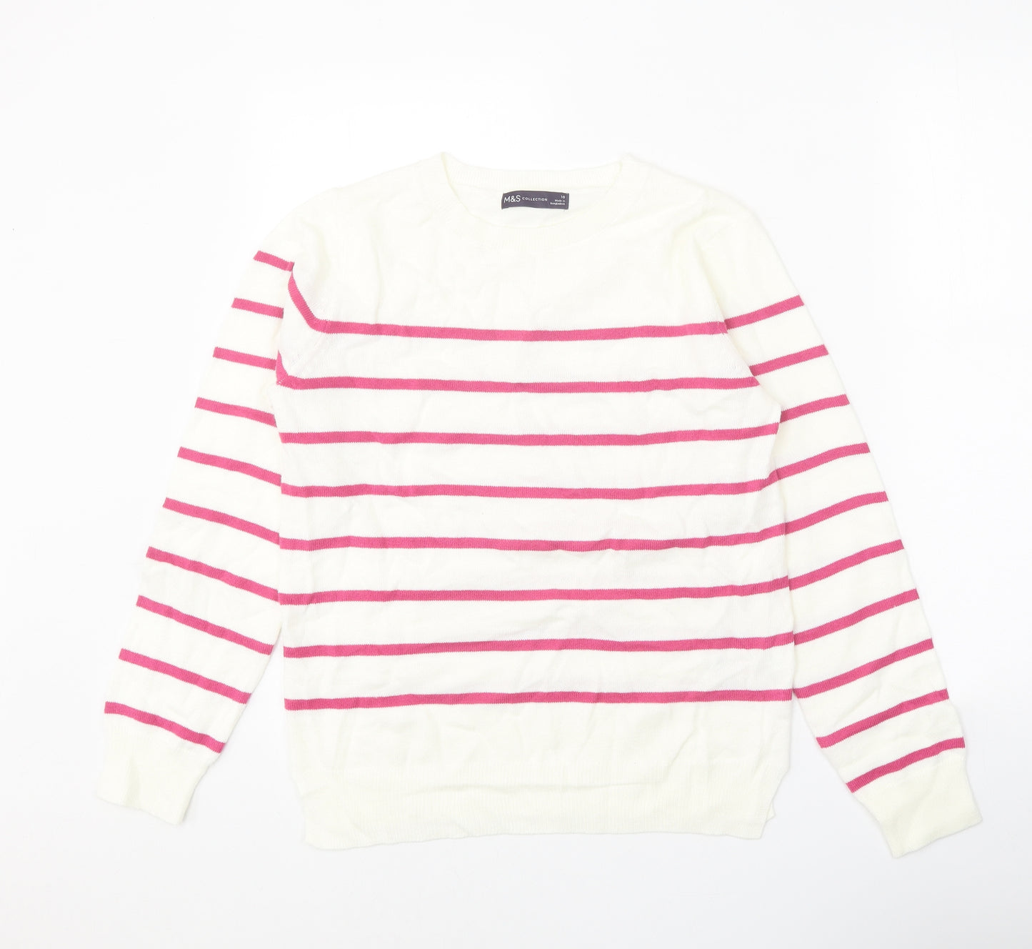 Marks and Spencer Womens White Roll Neck Striped Acrylic Pullover Jumper Size 10